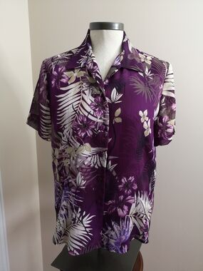 Tanjay Petites Purple Tropical Print Button-Up Blouse Size 8P
